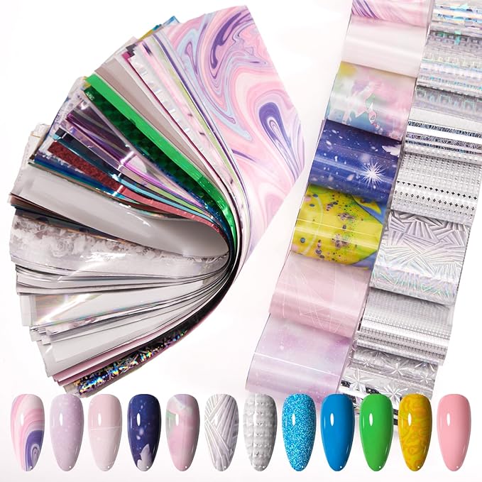 DANNEASY 300 Sheets Holographic Nail Foils Film, Iridescent Nail Art Transfer Foil Stickers Gold Metallic Neon Foil Paper Sheets Starry Sky Star Design Sticker for Nails Decoration Supplies
