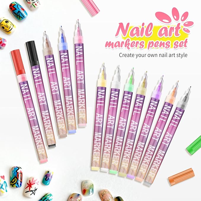12 Colors Nail Art Pens Set for Girls,Quick Dry Nails Doodle Pens for Girls,Nails Art Marker Pen Fine Tip for Home Salon Nail Art（0.5mm Pen Nib）