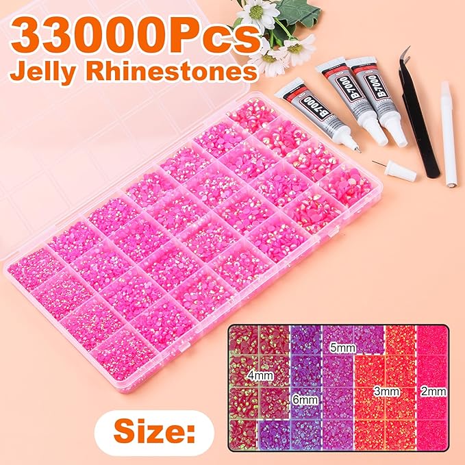 33000Pcs Rose Red AB Resin Jelly Rhinestones for Bedazzling, 2-6mm Flatback Gems for Diamond Art, Bedazzler Kit with 3Pcs 10ml B7000 Jewelry Glue for Crafting Crafts Shoes Nail Art