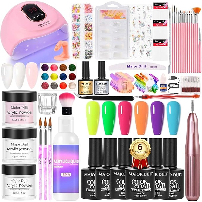 Major Dijit Acrylic Nail Kit with Drill and UV LED Lamp - Starter Set with White Pink Clear Acrylic Powder, 6 Macaron Gel Polishes, Nail Decorations and Manicure Tools