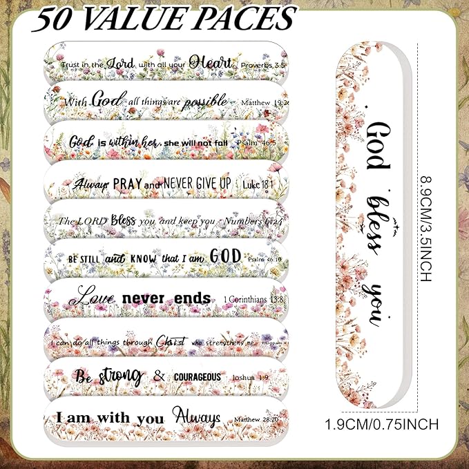 50 Pcs Christian Gifts for Women Bulk Floral Christian Nail File Bulk Women's Histroy Month Gift Mini Bible Scripture Emery Board Nail Files Religious Appreciation Gifts for Employee Staff