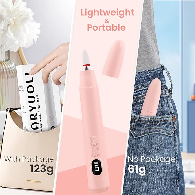 Cordless Electric Nail Drill Kit, Portable Rechargeable Nail Drill Set, Battery Electric Nail File, 5 Speeds Modes, LED Lighting, Reversible Direction, DIY, Professional (Pink)