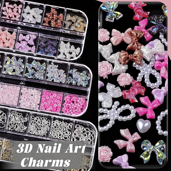 Nail Charms and Gems, Charms for Nails Design Kit with 10 Boxes 3D Nail Charms Colorful Clear Flat Back Rhinestones and Nail Pearls,Diamonds,Picker Tools, Nail Rhinestones and Charms for Nail Art