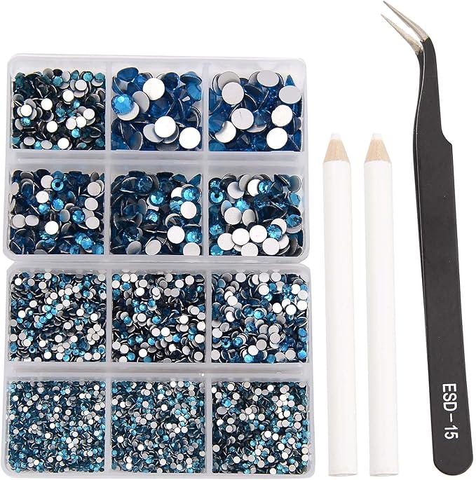 NCB 8000pcs Non Hotfix Rhinestones 10 Sizes Flatback Crystal Glass Rhinestones with Tweezers and Picking Pen for Nail Art Clothes Bags Phone Decorations Crafts DIY (007 Blue Zircon Mix SS3-SS30)