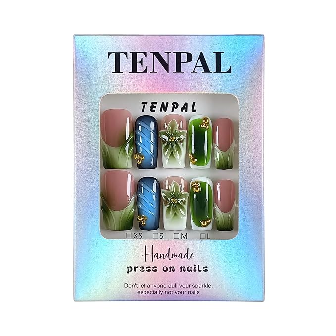 Glossy Handmade Press on Nails Medium Long Square - Icy French Green Blush 3D Floral Embossed Glossy False Nails for Women-Y2K Gradient Green Fake Nails for Winter Fall(S)