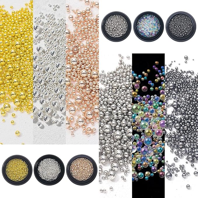 HNUIX Nail Beads - Mixed Size, 6 Colors, Round, Metal Steel Beads Nail Charms, Caviar Beads Nail Accessories for Acrylic Nails, Manicure DIY Crafts Decorations