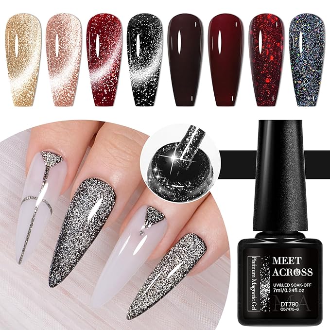 MEET ACROSS 8pcs Gel Nail Polish Set, Soak off UV LED Lamp Gel Nail Polish Cat Eye Set Home Gel Manicure Kit 7ml (Cat Eye + color Gel-4)