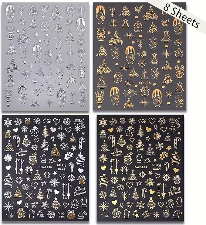 8 Sheets Christmas Nail Stickers for Nail Art, Cute Xmas Nail Decals 3D Self Adhesive Winter Nail Accessories Gingerbread Man Christmas Tree Snowflake Pattern Holiday Manicure Supplies for Women Girls