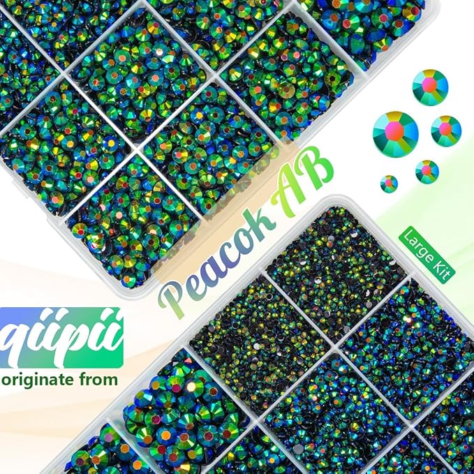 Peacok Green AB Resin Rhinestones w B7000 Glue for Bedazzling Crafting 2mm 3mm 4mm 5mm 6mm Flatback Jelly Stones Diamonds Gems Bedazzler Kit for Nails Face Eyes Makeup Tumblers Bottles Crafts