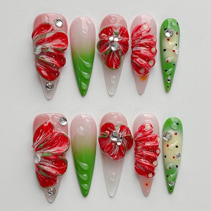 Luxury Press on Nails Long Stiletto Handmade 3D Unique Reusable ABS Material Fake Nails False Nails with Designs Red Floral Rhinestones Glossy Glue on Nail Thick Acrylic Nail(M)