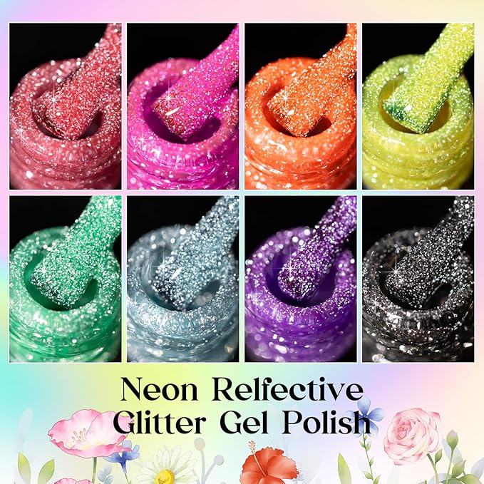MIZHSE Reflective Glitter Gel Polish Set, Neon Reflective Gel Polish Shimmery Sparkly Diamond Soak Off U V LED Gels Polish Home Manicure Nail Art Salon