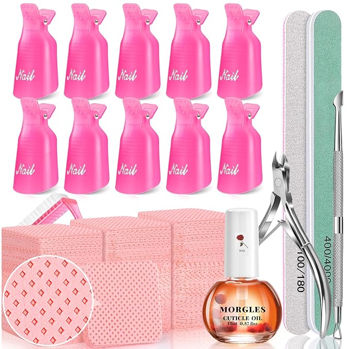 MORGLES Nail Polish Remover Kit with 300 Pcs Lint Free Wipes, Pink Nail Clips with 2 Pcs Files and Buffers, Rose Cuticle Oil, Cuticle Trimmer & Pusher