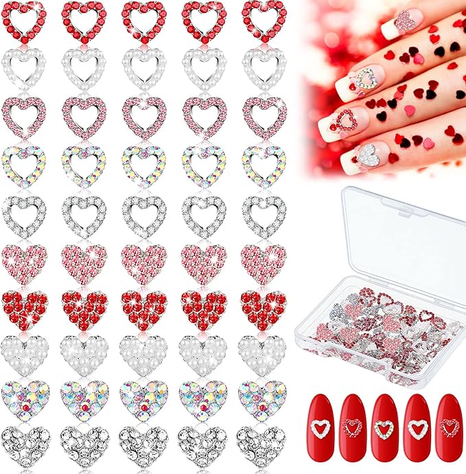 Sadnyy 100 Pcs Valentine Heart Nail Charms for Nail Art, 3D Heart Rhinestone Decals Silver Crystal Charms Diamond Alloy Gems for Women Valentine's Decorations(Elegant)