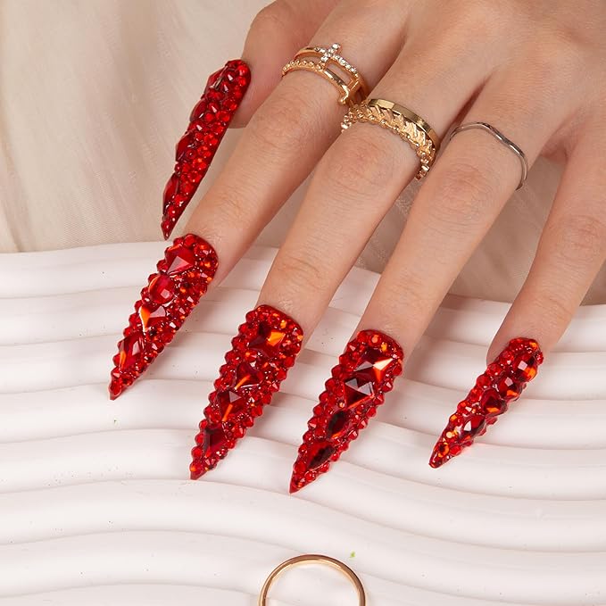 LOVFUL Press on Nails Flaming Luxury Red | Handmade with Full Covered Crystals | Reusable Full Cover Nails | Stiletto Mid Length 1.7 in | H39-M