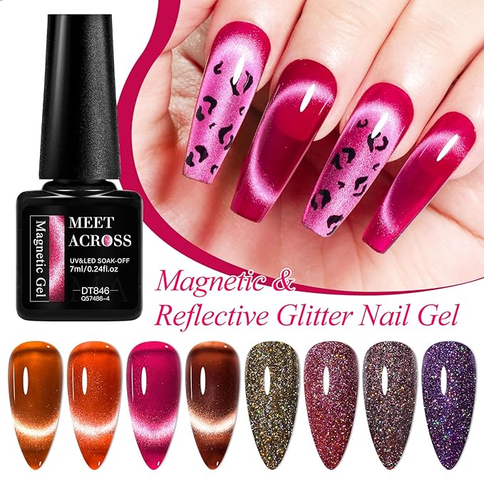 MEET ACROSS 8pcs Nail Polish Set, Soak off UV LED Lamp Cat Eye Gel Set, Home Manicure Kit 7ml (Amber Cat Eye + Diamond Gel)