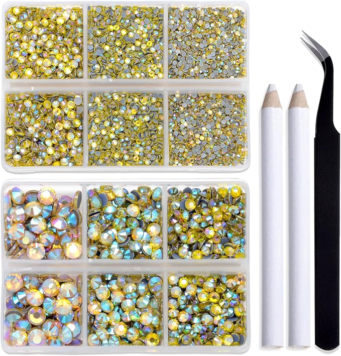 Bymitel Hotfix Crystal Rhinestones Round Gems for Crafts,Mixed 6 Sizes with Wax Pencil Kit, Citrine AB 1.6-6.3mm SS4-SS30/8000pcs
