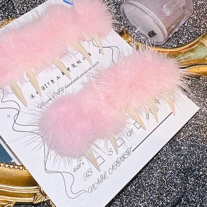 Halloween Press on Nails Luxury Medium Stiletto Handmade Eagle Claw Unique Reusable ABS Material Curved Fake Nails Dragon Cat Claw False Nails with Pink Fur Glossy Glue on Nail Thick Acrylic Nail(S)