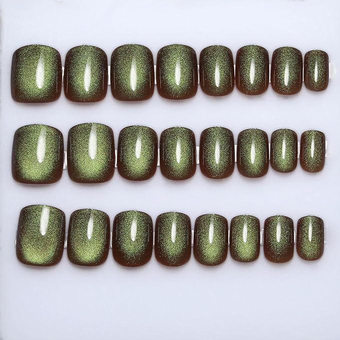 Crisp Green Press on Nails Short Square, Cat Eye Press on Nails, Fashion Gel Fake Nails, Reusable Acrylic Fake Nails, Glossy Stick on Nails, Thick Reusable Glue On Nails for Women, 24Pcs