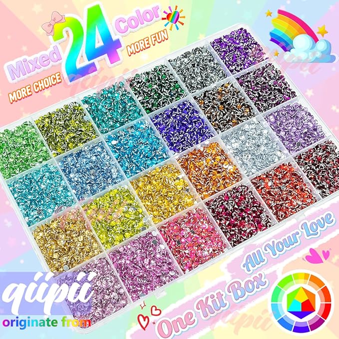24 Color 13800pcs 3mm Crystal Resin Rhinestones for Bedazzling Crafting Flatback Stones Colorful Gems Diamonds Charms for Nails Eyes Face Makeup Tumblers Bottles DIY Crafts Clothes Shoes Phones