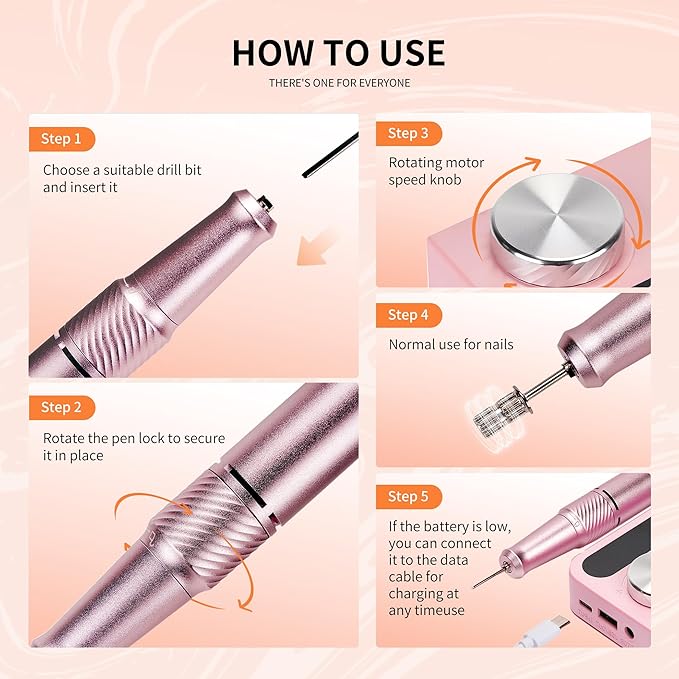Cordless Electric Nail Drill Professional, Rechargeable Nail File Machine for Acrylic Nails & Gel Polish, Portable Manicure & Salon Nail Kit for Home Use (Pink)