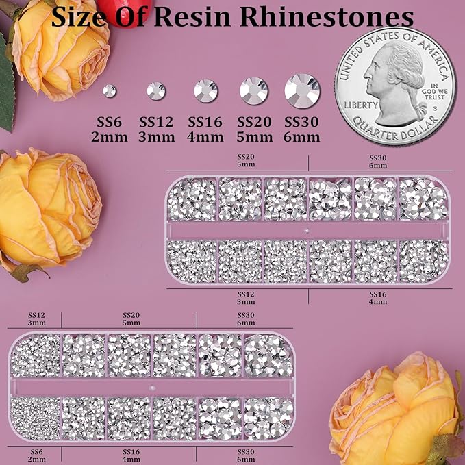 Resin Rhinestones for Crafting, 2 Boxes Silver Flatback Crystals for Bedazzling Crafts DIY Nail Art Deco, Non Hotfix Bulk Gems for Tumbler Shoes Clothing Fabric Face Makeup
