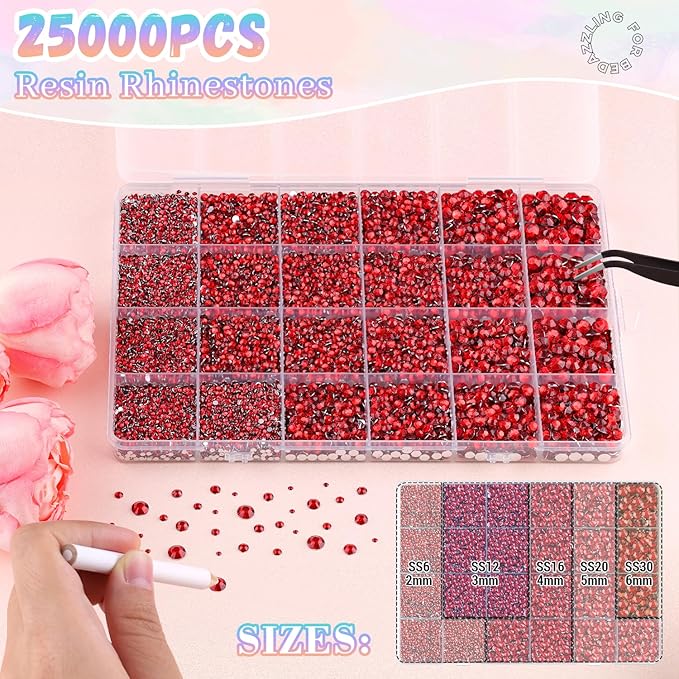 25000Pcs Red Rhinestones for Bedazzling with B7000 Jewelry Glue, Non Hotfix Flatback Gems, Crystal Resin Rhinestones for Crafting Crafts Clothing Tumblers Mugs Shoes Fabric Decor Nail Art