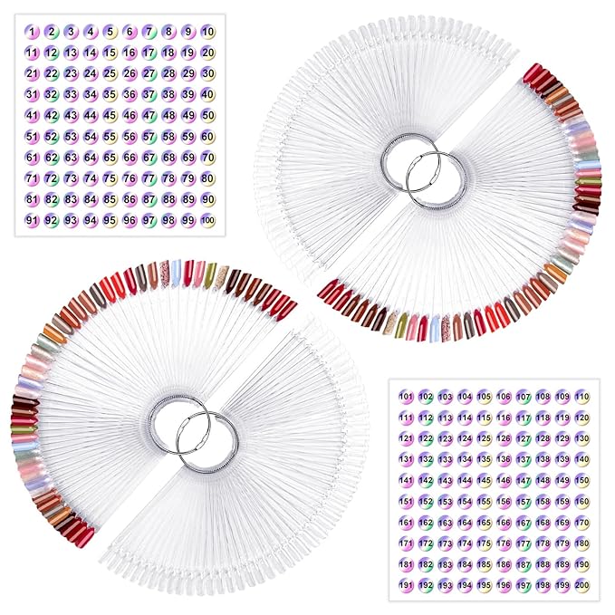 Subay 200 Pcs Nail Swatches Sticks with Number Stickers, Fan-Shaped Practice Nail Art Tips Sticks for Nail Polish Display, Nail Color Swatches Tools with Metal Split Ring for Gel Manicure Home Salon