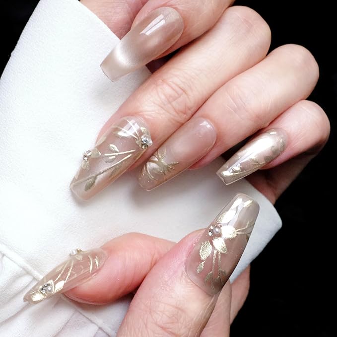 Nude Press-on Nails, Long Ballerina Shape, Gold Floral Design with Pearls, Handmade False Nail 10 Pieces (Medium,LB)