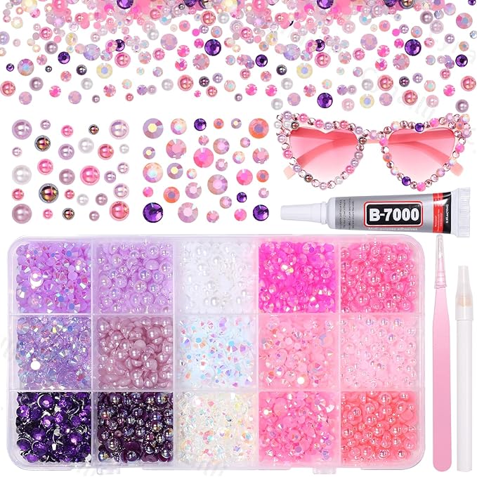15 Grids Pearls and Resin Rhinestones for Crafting, Pink Colors White Purple Bedazzling Gems Kit, Jelly Resin Rhinestones for Nails Face Eyes Makeup Crafts Tumblers Bottles