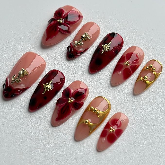 Luxury Press on Nails Medium Almond Handmade 3D Unique Reusable ABS Material Fake Nails French Tip False Nails with Designs Red Floral Glossy Glue on Nail Thick Acrylic Nail(M)