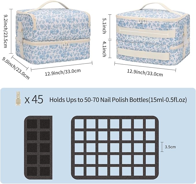 OCHEAL Nail Polish Organizer, Holds Nail Lamp and 45+ Bottles,3 Usage Modes Detachable Nail Storage Bag Travel Nail Tech Case Holds Nail Kit Stuff Manicure Tools -Floral