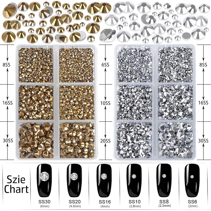 LPBeads 6000 Pieces Metallic Gold and Metallic Silver Non Hotfix Rhinestones 6 Sizes Round Crystal Glass Flat Back Rhinestones with Tweezers and Picking Pen for Nail Art Crafts Clothes Bags DIY