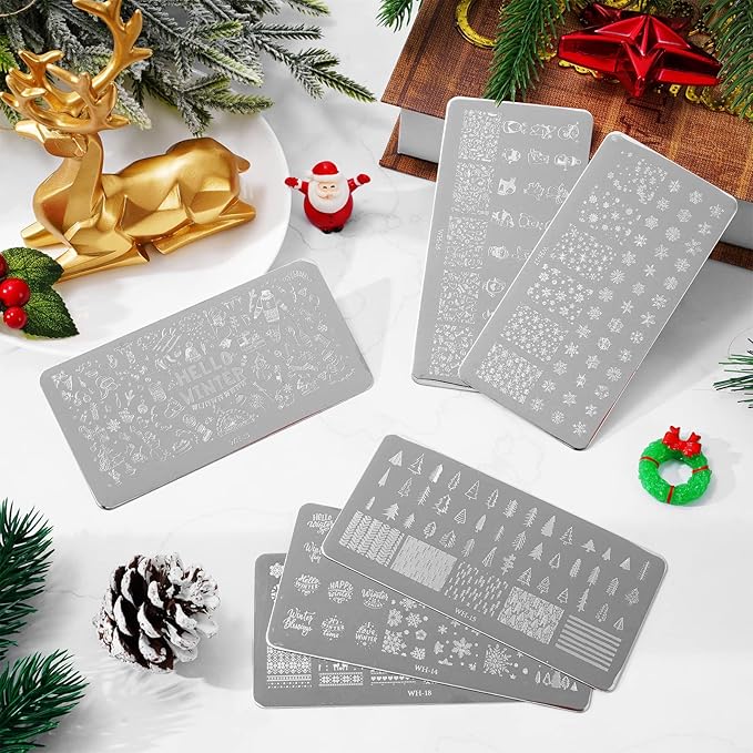 Whaline 6 Pieces Winter Nail Art Stamping Plates Kit Snowman Snowflake Pine Tree Sweater Image Stamp Templates Hello Winter Nail Art Plates for Winter Xmas DIY Print Manicure Salon Design Gift