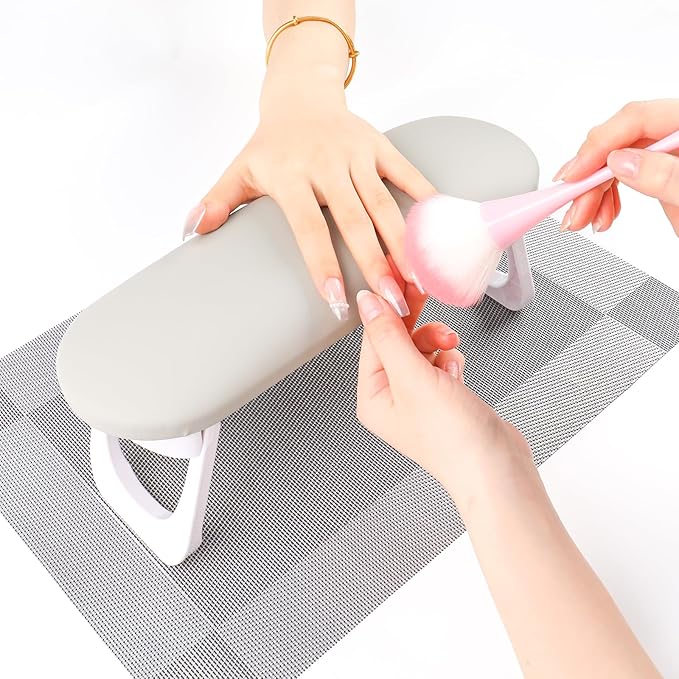 Nail Arm Rest, Professional Foldable PU Leather Nail Hand Rest with PVC Table Mat for Acrylic Nails, Soft Nail Hand Pillow Non-slip for Manicure Salon Use (higher-Grey)