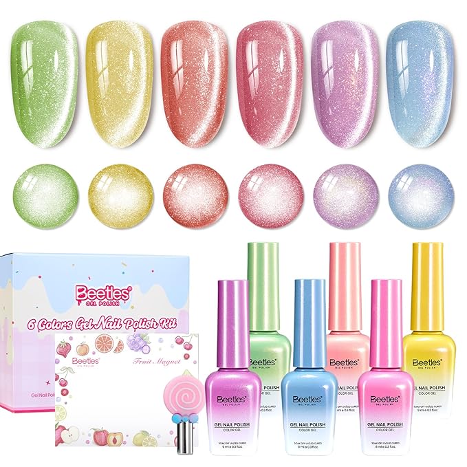 Beetles Fruit Magnet Cat Eye Gel Nail Polish Set - 6 Colors Spring Gel Polish Kit Glitter Cat Eye Pink Purple Blue Yellow Green Magnetic Shine Soak Off UV Salon DIY Manicure Gift for Women