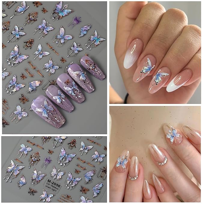 6 Sheets Butterfly Nail Art Stickers Decals 5D Embossed Nail Decals Spring Blue Pink Butterfly Nails Design Self-Adhesive Accessories 3D Nails Stickers for Women
