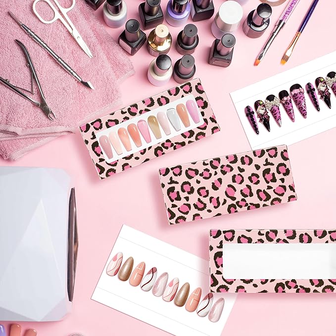 71 Pcs Empty Press on Nails Packaging Box 35 Pcs White Background Papers and 1 Double Sided Tape, Empty Nail Package Box Set for Press on Nail Business (Pink Leopard)