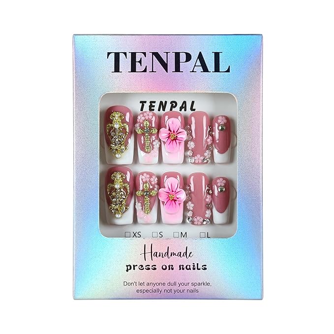 Squoval Press on Nails Medium - White French Tips with 3D Cross & Floral Lace, Reusable & Handmade False Nails for Edgy Everyday Wear | Sweet Gothic Style(M)