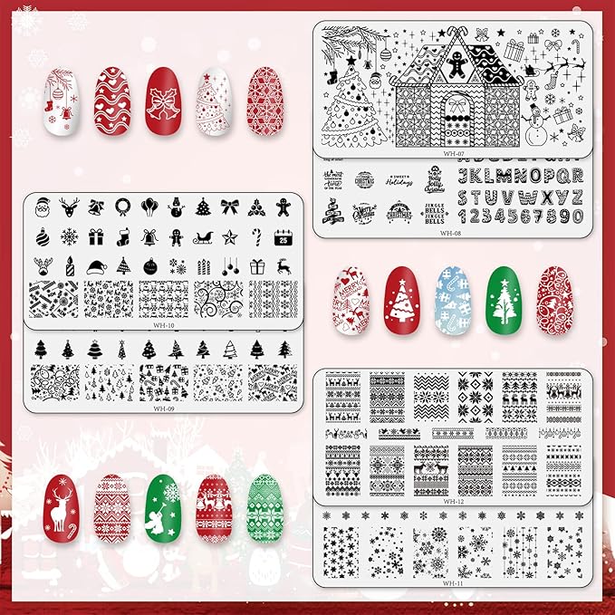 Whaline 6 Pieces Christmas Nail Art Stamping Plates Kit Christmas Tree Snowflakes Gingerbread Sweater Image Stamp Templates Holiday Nail Art Plates for Xmas DIY Print Manicure Salon Design Gift