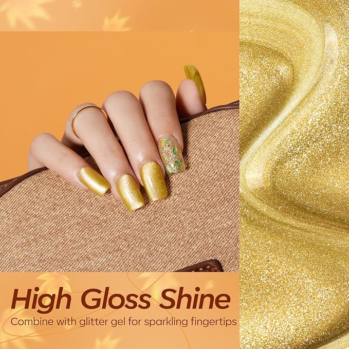 modelones Gel Nail Polish Set, 6 Colors Caramel Brown Orange Green Jelly Gel Polish Tortoise Yellow Gold Glitter Cat Eye Nail Polish with Magnet& Wooden Stick Soak Off LED DIY Gift