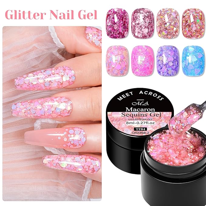 MEET ACROSS 9Pcs Glitter Gel Nail Polish Set with Nail Brush, 8 Colors Including Pink Blue Purple Sequins Gel Polish for Nail Art DIY Manicure Gift for Women