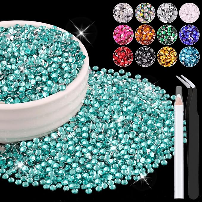 12000PCS 2mm Resin Rhinestones Bulk for Crafting (Lake Blue), Flatback Bedazzling Crystals for Crafts DIY Nail Decoration, Gems Charms for Tumbler Shoes Clothing Fabric with Pickup Pen and Tweezers