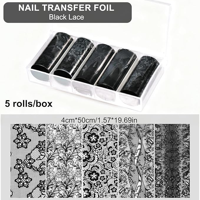 20 Rolls Lace Nail Foil, 4 Boxes Black and White Nail Art Foil Decals Sheet, Holographic Transfer Foils Stickers Paper Nails Supply for Women Girls Acrylic Manicure Wraps Decoration