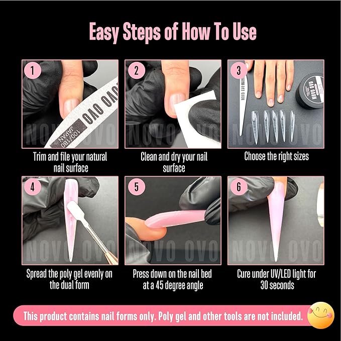 NOVO OVO Extra Super Long 3XL 4XL Stiletto Pointed Nail Dual Forms for Polygel Extension, Reusable Full Cover Acrylic / Builder / Hard / Poly Gel Molds of Manicure Art for Salon DIY x 14 size 70 Pcs