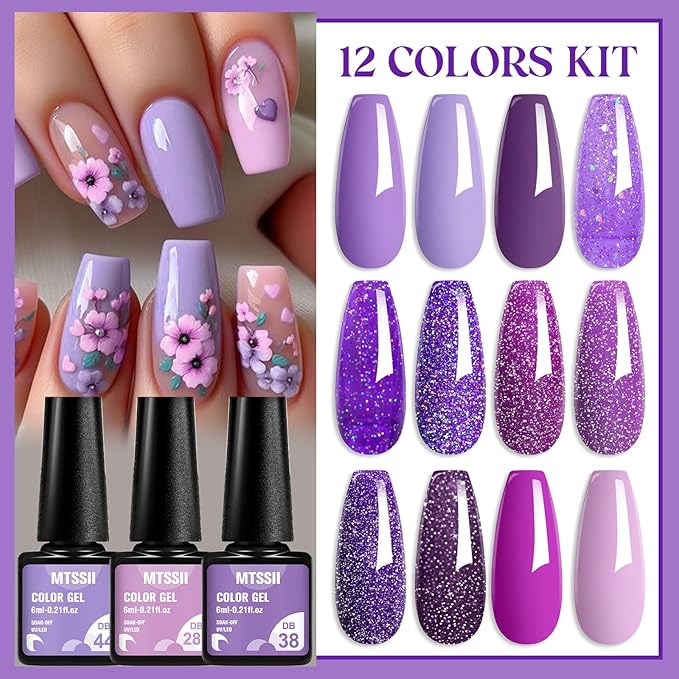 MTSSII Purple Reflective Gel Nail Polish Set, 12 Colors Lavender Violet Sparkly Gel Polish Diamond Shiny Glitter Soak Off Led Nail Polish for Women Girl DIY Nail Art Gift