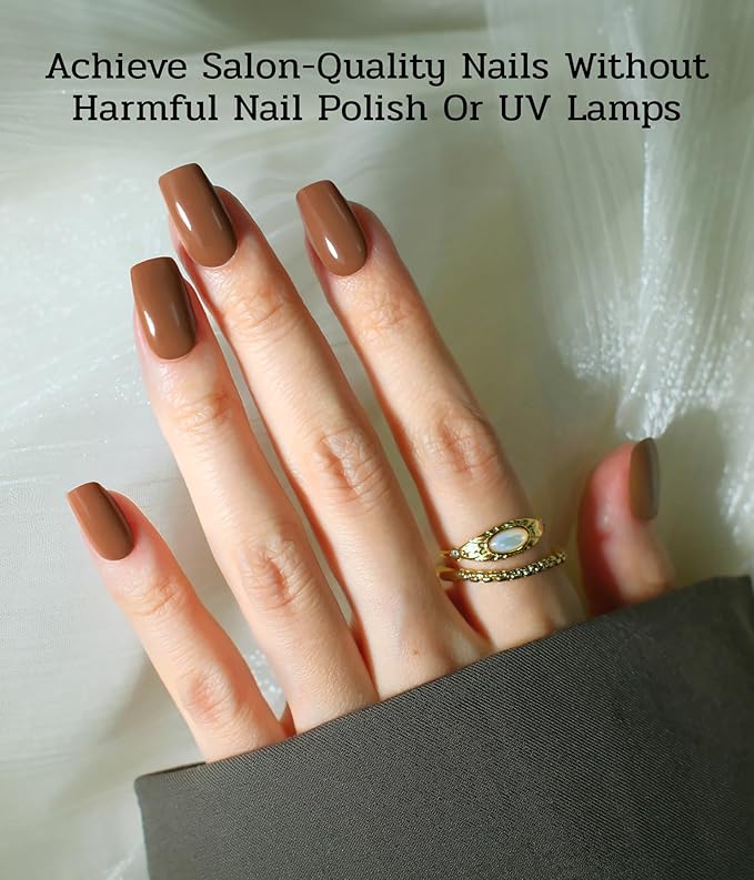 Nail Polish Strips (No UV Lamp Needed) - 22 Pcs Salon Quality Gel Nail Stickers - Long Lasting Wraps (Hazelnut Nutty Brown)