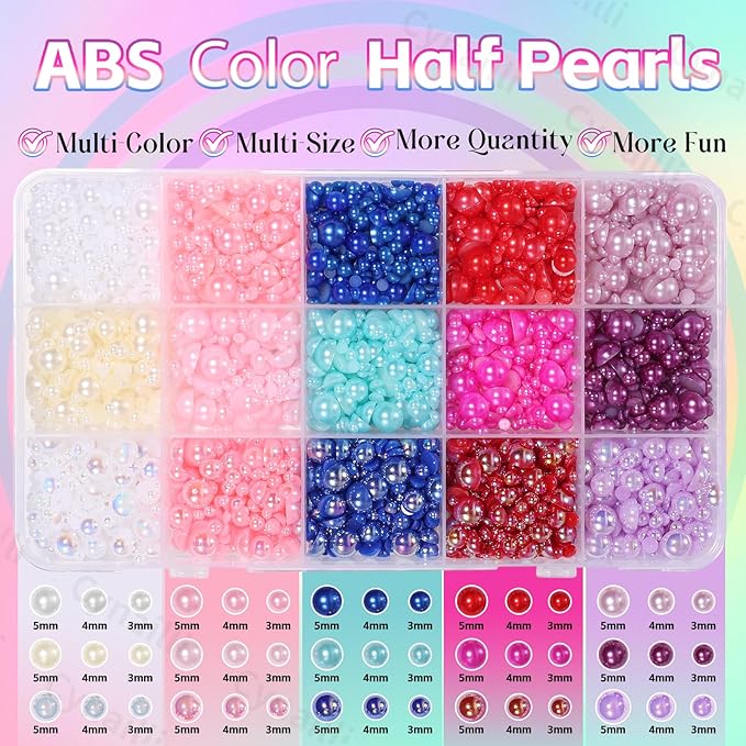 15 Grids Flatback Pearls for Crafting , 3mm-5mm Half Pearl Bedazzling Kit , Colorful Pearls Flatback Beads for DIY Nail Face Eyes Makeup Crafts Tumblers Bottles