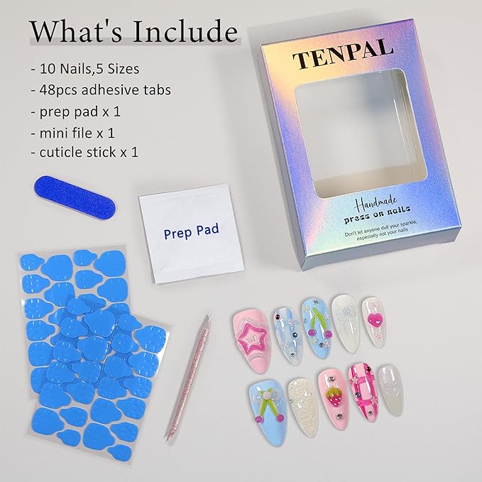 Handmade Press On Nails Almond,Blue Pink Summer Nails,Checkered Glitter Fruit False Nails with Rhinestone Stars Holographic Designs,Soft Gel Sweet Cute Fake Nails for Girls,10pcs(L,Blue Pink)
