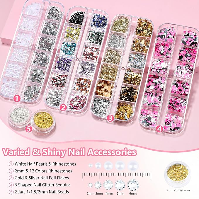 20 Nail Art Brushes Kit with Striping Tapes, Gold Flakes, Pearls, Rhinestones, Glitter & Star Stickers for Gel Nails DIY Manicure Set (Black)