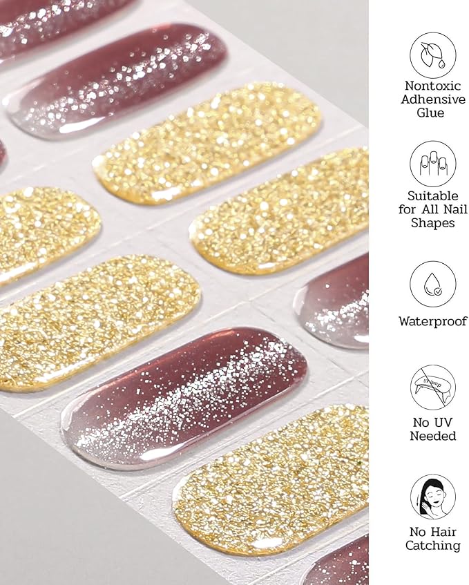 Nail Polish Strips (No UV Lamp Needed) - 22 Pcs Salon Quality Gel Nail Stickers - Long Lasting Wraps (Lavender Gold Foil)